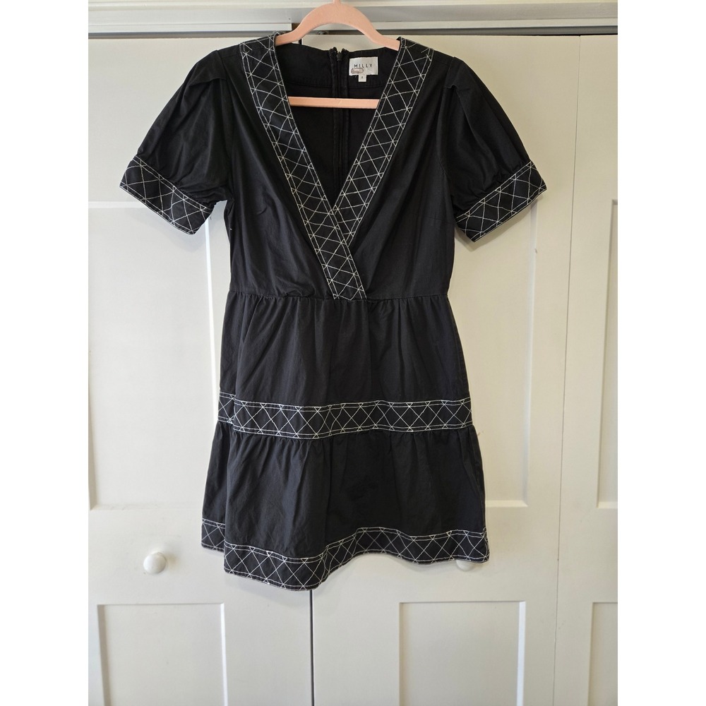 Milly Black Embroidered V-Neck Tiered Mini Dress Short Puff Sleeve Size 8
